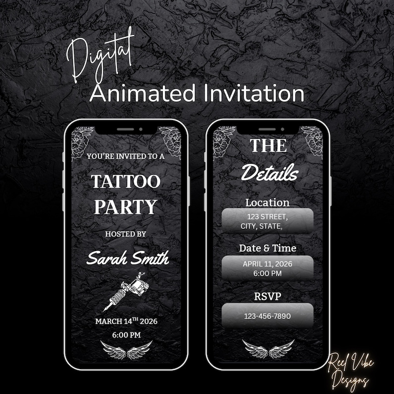 Digital animated tattoo party invitation template displayed on smartphones, black gothic design with tattoo machine illustration, editable Canva video invite