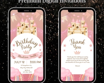 May include: Pink and gold digital invitation for a birthday party with a castle illustration, clouds, and rainbows. The text reads "Birthday Party" and "Madison Smith". The date and time are July 12, 3:00 PM. The invitation also includes an address and RSVP information.