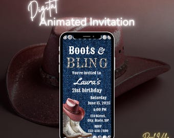 Boots & Bling Birthday Invitation | Animated Western Cowgirl Party Template | Denim and Diamonds Birthday | Editable Canva Digital Invite