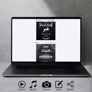 Tattoo party invitation Canva editor view on laptop screen, showing editable digital invitation with video music photo edit and share options