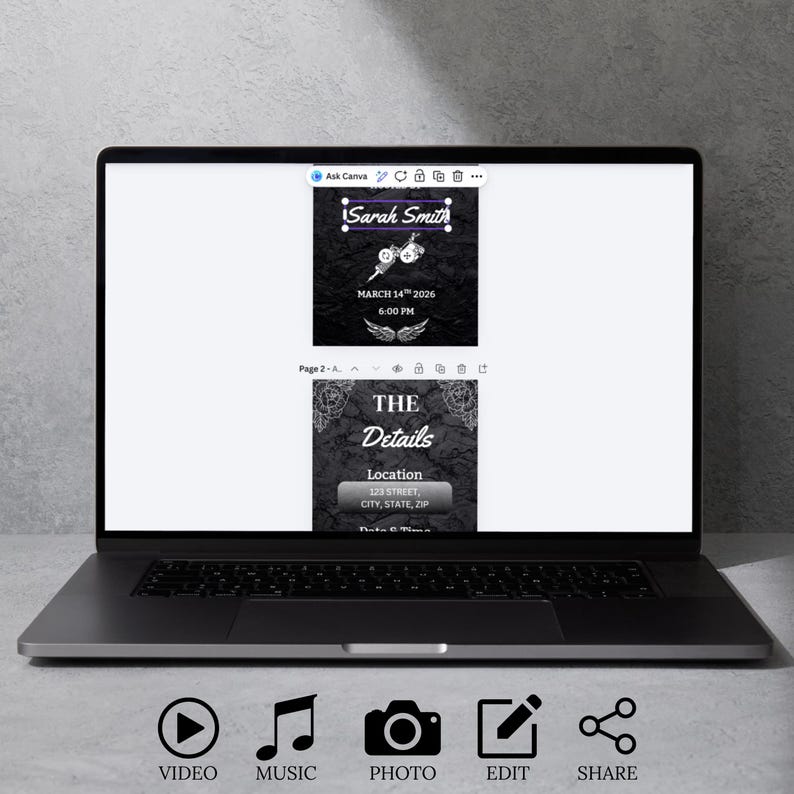 Tattoo party invitation Canva editor view on laptop screen, showing editable digital invitation with video music photo edit and share options