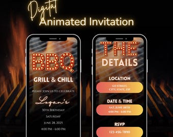Sjabloon geanimeerde BBQ-verjaardagsuitnodiging – Digital Grill & Chill eVite, rustiek barbecuefeest in de achtertuin, bewerkbare canva-uitnodiging