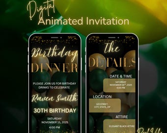 Elegant Green and Gold Birthday Dinner Invitation | Animated Digital Download for Birthday Celebration | Editable Canva Template