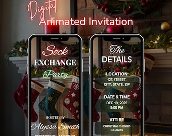 Puede incluir: Invitación digital animada para una fiesta de intercambio de calcetines. La invitación se muestra en dos teléfonos inteligentes, mostrando detalles como fecha, hora, ubicación y vestimenta. Los calcetines navideños cuelgan sobre una chimenea, con una corona y decoraciones festivas.