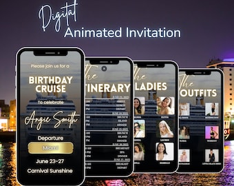 May include: A digital invitation for a birthday cruise. The invitation features a cruise ship, the text "Birthday Cruise", and the name "Angie Smith". The invitation also includes a departure date and location, and a list of activities.