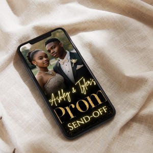 Animated black and gold prom invitation template for couples, featuring elegant font, digital phone display, and editable details for a formal prom send-off.