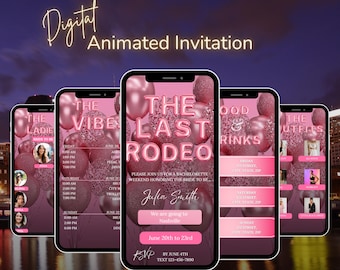 Editable Digital Animated Bachelorette Invitation Last Rodeo Nashville Theme Pink Glitter Western Weekend Itinerary Textable Canva Template