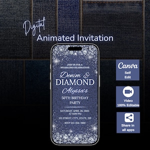 Födelsedagsinbjudan med denim och diamanter | Redigerbar animerad videofestmall för kvinnor och flickor | Digital nedladdning av Canva
