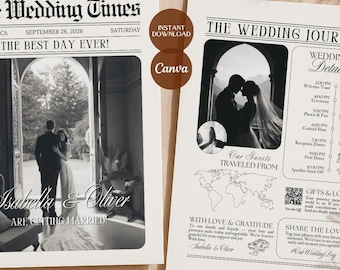 16 Page Wedding Newspaper Template | 4 Editable Canva Wedding Magazine | Printable Wedding Program | Save the Date & Engagement Announcement