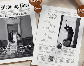 4 Editorial Wedding Newspaper Kit → Canva Templates → 16-Pages Wedding Magazine → Save the Date → Ceremony Program & Engagement Announcement