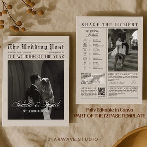 Mall för 12-sidig bröllopstidning | Redigerbar Canva bröllopstidning | Förlovningsmeddelande och spara datumet | Resplan för ceremoniprogram