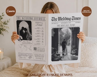 4 Wedding Newspaper Templates, 16 Editable Canva Pages, Wedding Ceremony Program, Save the Date, Wedding Magazine, Engagement Announcement