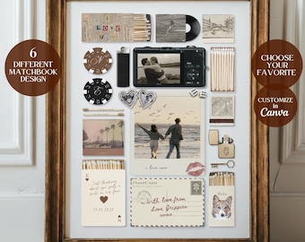 6 Matchbook Photo Collage Templates, Editable Canva Poster Personalized Couple Wall Art, Custom Matchbox Art Anniversary Gift, 600+ Elements
