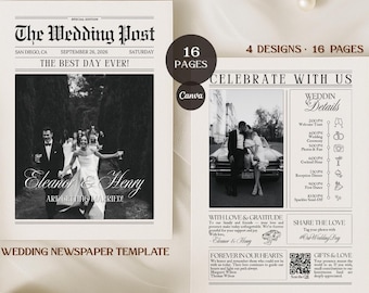16 Page Wedding Newspaper Template | Editable Canva Wedding Magazine | Wedding Ceremony Program | Save the Date | Engagement Announcement
