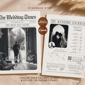 16 Page Wedding Newspaper Template | 4 Editable Canva Wedding Magazine | Printable Wedding Program | Save the Date & Engagement Announcement