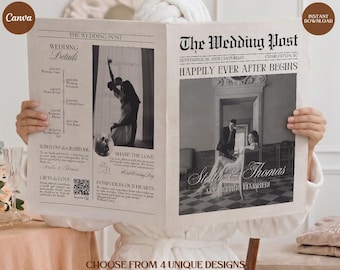 4 Wedding Newspaper Templates | 16 Editable Canva Pages, Wedding Program, Save the Date Newspaper, Wedding Magazine, Engagement Announcement