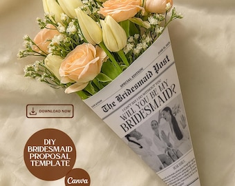 21 Pages Bridesmaid Proposal Newspaper Canva Template, Flower Bouquet Wrap, Will You Be My Bridesmaid Card, Maid of Honor & Flower Girl Gift