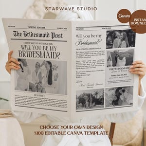 Pode incluir: Um convite em estilo jornal em preto e branco com o título "The Bridesmaid Post" e a pergunta "Will You Be My Bridesmaid?". O convite inclui fotos e texto, com os logotipos Canva e Download Instantâneo.