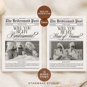 Op de afbeelding: Twee uitnodigingskaarten in krantenstijl, één met de tekst "Will You Be My Bridesmaid?" en de andere "Will You Be My Maid of Honour?". Beide tonen zwart-witfoto's van vrouwen in badjassen en zonnebrillen. Decoratieve elementen.