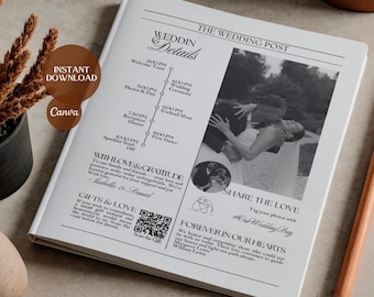12 Page Wedding Newspaper Template | 3 Bundle Editable Canva Wedding Program | Save the Date | Engagement Announcement & Wedding Magazine