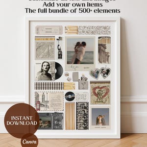 Op de afbeelding: Een wit omkaderde collage met diverse vintage afbeeldingen en elementen. De collage bevat foto's, ticketstubs en andere ephemera. Tekst op het frame luidt "Customize all text and images" en "Instant Download Canva". De algehele esthetiek is nostalgisch.