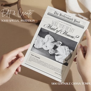 Modelo de jornal para pedido de casamento de madrinha | Imprimir cartão "Quer ser minha madrinha" | Envoltório de buquê de flores editável do Canva | Presente para madrinha de casamento