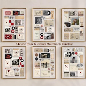 May include: Six framed collages with gold borders, each featuring a unique arrangement of vintage-style elements. The collages include photographs, playing cards, matchbooks, and vinyl records. The text "Choose from 6 Custom Matchbook Template" is visible.