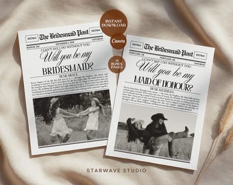 8 Pages Editable Bridesmaid Proposal Newspaper Template | DIY Vintage Printable Canva Template | Maid of Honor & Flower Girl Gift + BONUS