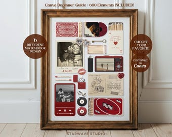 6 Matchbook Poster Templates, Editable Canva Bundle, Custom Matchbox Art, Couple Photo Collage, Personalized Anniversary Gift, 600+ Elements