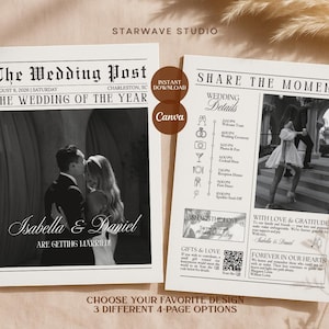 12 Page Wedding Newspaper Template | Editable Canva Wedding Magazine | Engagement Announcement & Save the Date | Ceremony Program Itinerary
