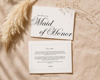 Kaartsjabloon bruidsmeisje voorstel | Bewerkbaar canvas | Dubbelzijdig afdrukbaar 5 x 7 en 4 x 6 | Direct downloaden | Klassiek oud geld