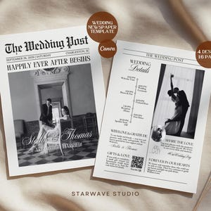 May include: A wedding newspaper template titled The Wedding Post featuring a black and white photograph of a couple, Stella and Thomas, with text details including a schedule, QR code, and the phrase Happily Ever After Begins. Includes 4 designs and 16 pages.
