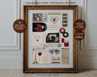 6 Matchbook Poster Templates, Custom Matchbox Art, Editable Canva Template, Personalized Couple Gift, Anniversary Wall Art, 600+ Elements