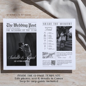 Giornale di nozze modificabile di 12 pagine / Modello di annuncio di fidanzamento e Save the Date di Canva / Rivista moderna per il programma della cerimonia di nozze