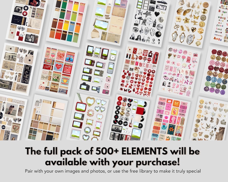 Op de afbeelding: Verschillende sticker vellen met diverse ontwerpen, waaronder vintage ephemera, harten, camera's en bloemmotieven. De tekst luidt: "The full pack of 500+ ELEMENTS will be available with your purchase!" en "Pair with your own images and photos, or use the free library to make it truly special."