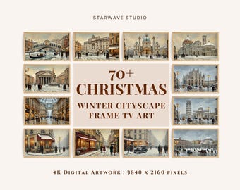May include: A collection of framed digital artworks featuring winter cityscapes. The artworks showcase various European city scenes, including bridges, buildings, and streets. The text on the image reads "70+ CHRISTMAS WINTER CITYSCAPE FRAME TV ART".
