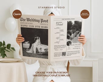 12 Page Wedding Newspaper Template | Editable Canva | Engagement & Save the Date Announcement | Ceremony Program, Wedding Itinerary Magazine