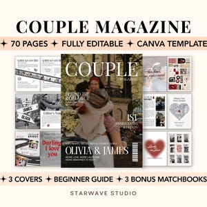 Op de afbeelding: Een digitaal tijdschrift-sjabloon van 70 pagina's voor Canva met een jubileumthema voor koppels. De lay-out bevat een hoofdomslag met een foto van een koppel, diverse ontwerpen voor binnenpagina's met tekst en fotocollages.
