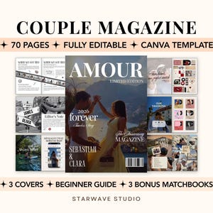 Op de afbeelding: Een 70 pagina's tellende, volledig bewerkbare Canva-sjabloon voor een koppeltijdschrift genaamd Amour. Het ontwerp bevat drie covers, een beginnersgids en drie bonus-luciferboekjes. De lay-out toont diverse paginavoorbeelden met tekst en foto's.