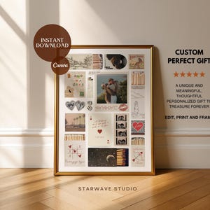 Op de afbeelding: Een ingelijste collage met een gouden rand, met verschillende afbeeldingen en tekstelementen. De collage bevat foto's, tekeningen en handgeschreven notities. Tekst op het frame luidt "Custom Perfect Gift" en "Edit, Print and Frame."