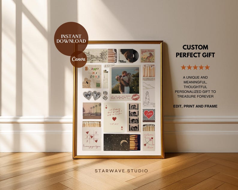 Op de afbeelding: Een ingelijste collage met een gouden rand, met verschillende afbeeldingen en tekstelementen. De collage bevat foto's, tekeningen en handgeschreven notities. Tekst op het frame luidt "Custom Perfect Gift" en "Edit, Print and Frame."
