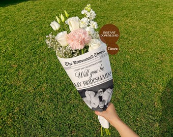 Bewerkbare krant sjabloon bruidsmeisje voorstel | Afdrukbare canvas uitnodiging bruidsmeisje en bloemenmeisje, omslaggids BONUS + 21 extra pagina's