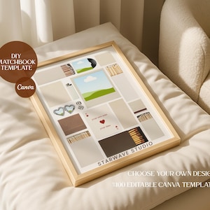 Op de afbeelding: Een ingelijste collage-sjabloon met ruimtes voor foto's en tekst. De sjabloon bevat de tekst "DIY MATCHBOOK TEMPLATE" en "Canva" in een bruine cirkel. De woorden "STARWAVE STUDIO" en "CHOOSE YOUR OWN DESIGN" zijn ook zichtbaar.