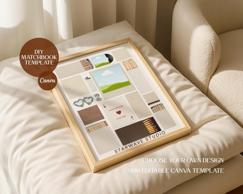 Op de afbeelding: Een ingelijste collage-sjabloon met ruimtes voor foto's en tekst. De sjabloon bevat de tekst "DIY MATCHBOOK TEMPLATE" en "Canva" in een bruine cirkel. De woorden "STARWAVE STUDIO" en "CHOOSE YOUR OWN DESIGN" zijn ook zichtbaar.