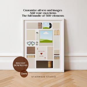Op de afbeelding: Een wit omkaderde collage met diverse elementen, waaronder een vinylplaat, een landschapsafbeelding en lucifersdoosjes. Tekst bevat "Customize all text and images" en "Instant Download Canva STARWAVE STUDIO".