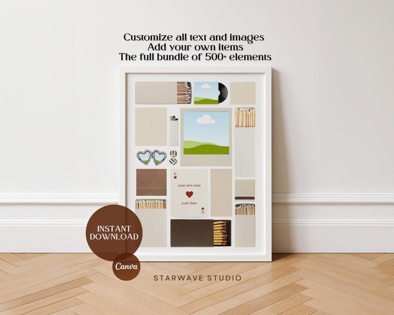 Op de afbeelding: Een wit omkaderde collage met diverse elementen, waaronder een vinylplaat, een landschapsafbeelding en lucifersdoosjes. Tekst bevat "Customize all text and images" en "Instant Download Canva STARWAVE STUDIO".