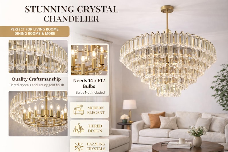 Modern Gold Crystal Rod Chandelier | Tiered Living Room Lighting - Etsy