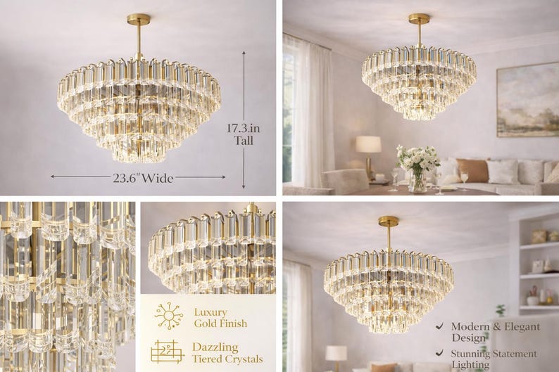 Modern Gold Crystal Rod Chandelier | Tiered Living Room Lighting - Etsy