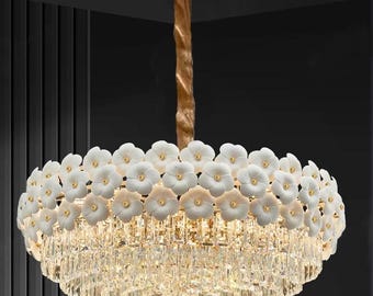 Floral Crystal Chandelier – Elegant Flower Pendant Light for Dining Room & Living Room