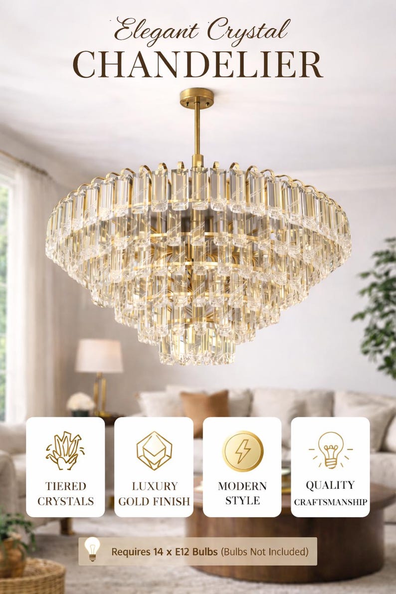 Modern Gold Crystal Rod Chandelier | Tiered Living Room Lighting - Etsy